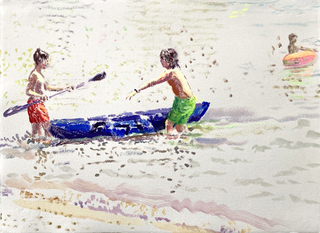2 Jungens mit blauem Boot 2020 28 x 38,9 cm Acryl auf Papier